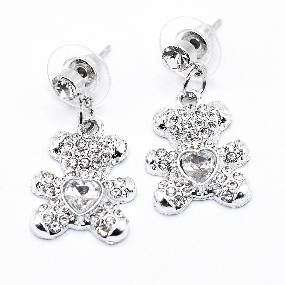 Silver Tone Crystal Bear Earrings